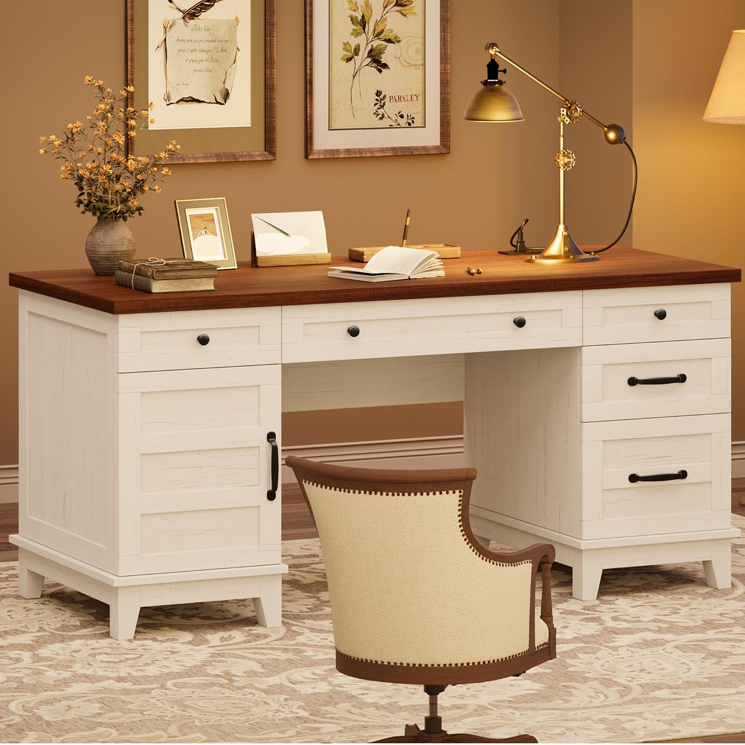 Detalle de WildVenture c4t-LSezHhELNy3OM-16sMdBbTL-N Farmhouse Desk, 60-inch, Vintage White