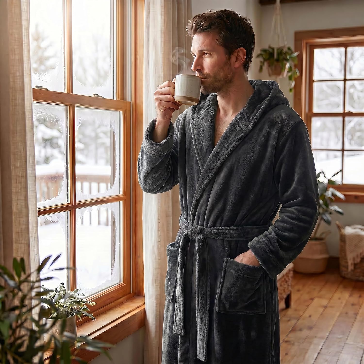 Detalle 2 de U2SKIIN Men's Hooded Robe, Fleece