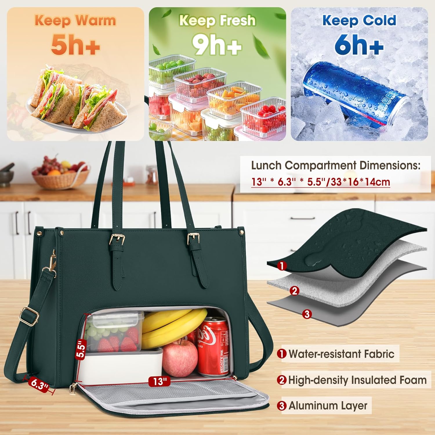 Thumbnail 3 de RAINSMORE Laptoptasche Damen mit isoliertem Lunchfach für 15,6 Zoll – wasserdichtes PU, Dunkelgrün