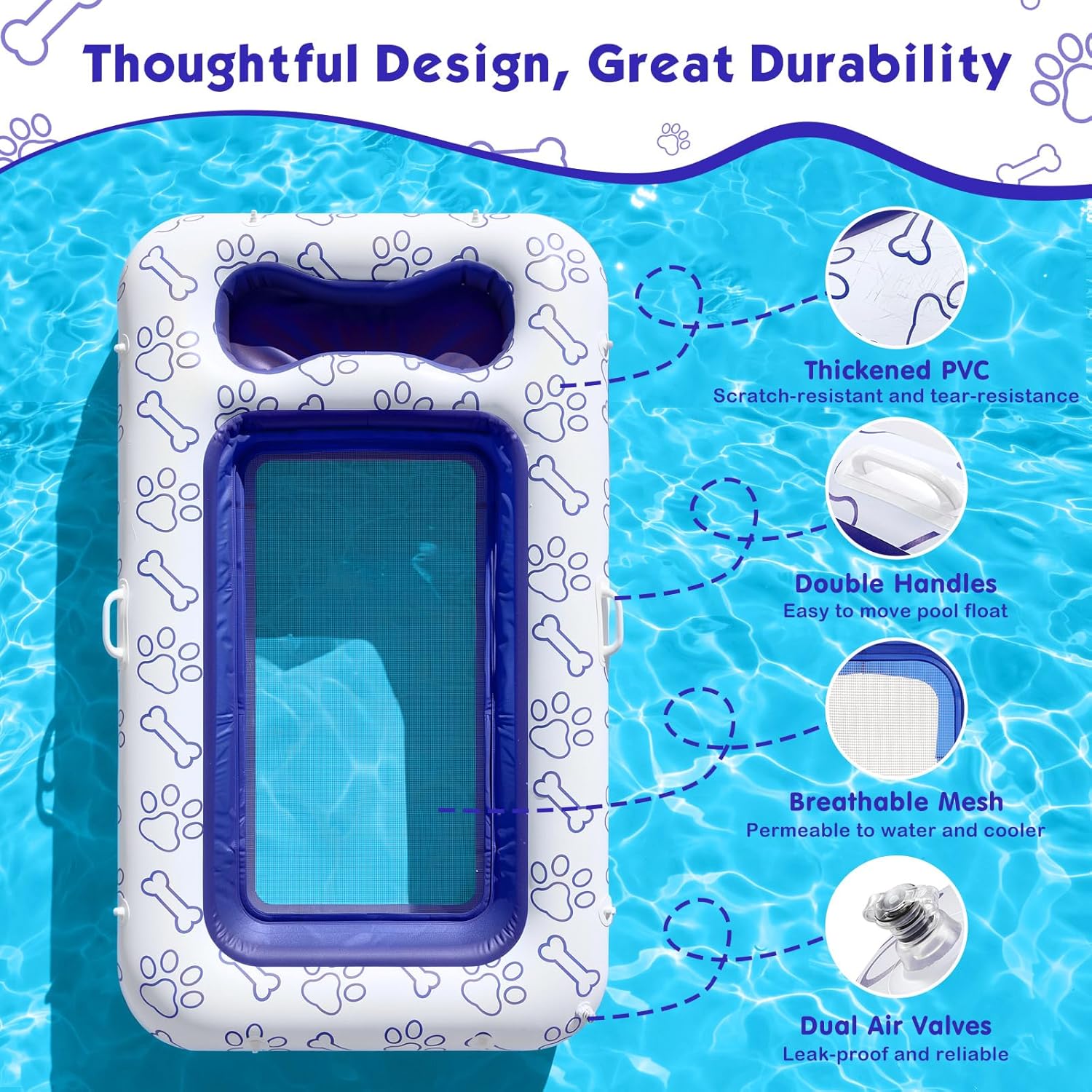 Detalle de MoKo Hundepool-Schwimmfloß 59 × 35 Zoll – Aufblasbares Hundebett mit Staufach, PVC/Mesh, Blau
