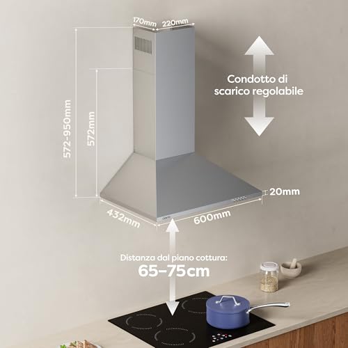 Detalle de CIARRA CBCS6201 Cappa Aspirante 60 cm – Classe A++, 404 m³/h, 60 dB, Argento