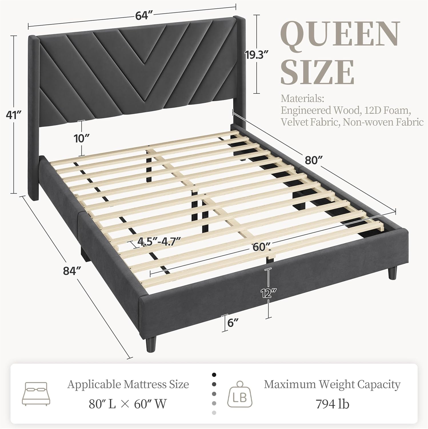 Detalle 2 de Yaheetech YT-00144802 Queen Upholstered Bed Frame, Deep Gray Velvet