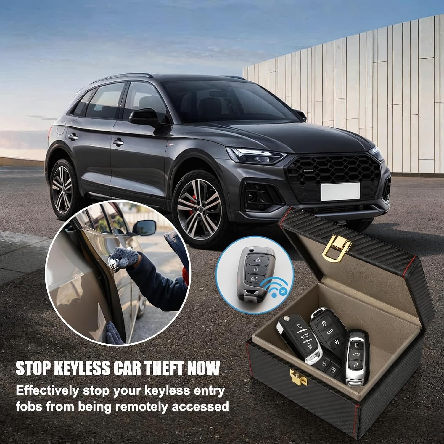 Detalle de Diyife Car Key Signal Blocker Box – Premium Leather Faraday Shield for 5–7 Keys