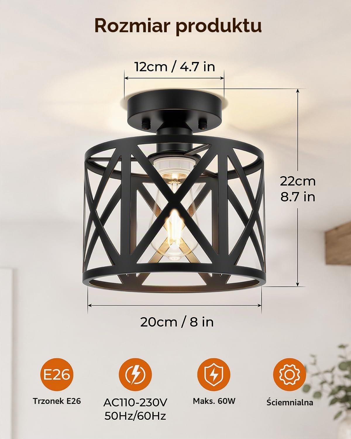 Detalle 2 de BLNAN 00 316 – lampa sufitowa E27, czarny metalowy klosz typu klatka, 22 cm
