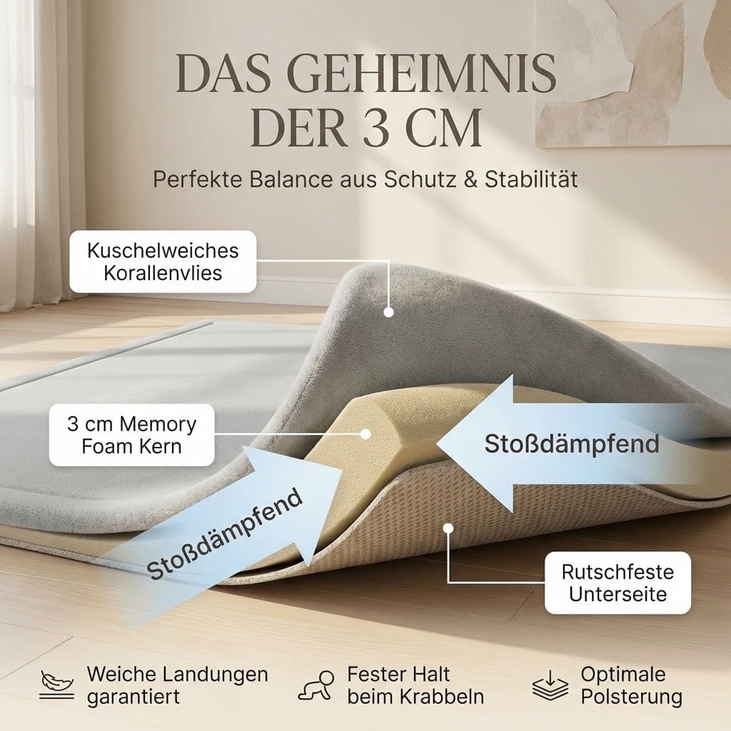 Detalle de BabybeFun Krabbelmatte Baby – rund, 3 cm Dicke, rutschfest & warm