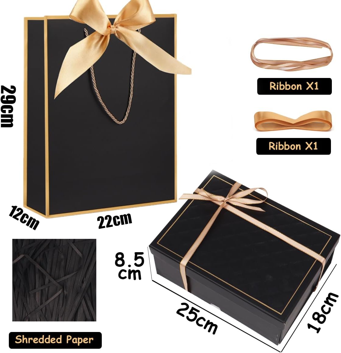 Detalle de Black Luxury Magnetic Gift Box with Lid, Ribbons and Gift Bag (Medium, 9.8 x 7 x 3.3 Inches)