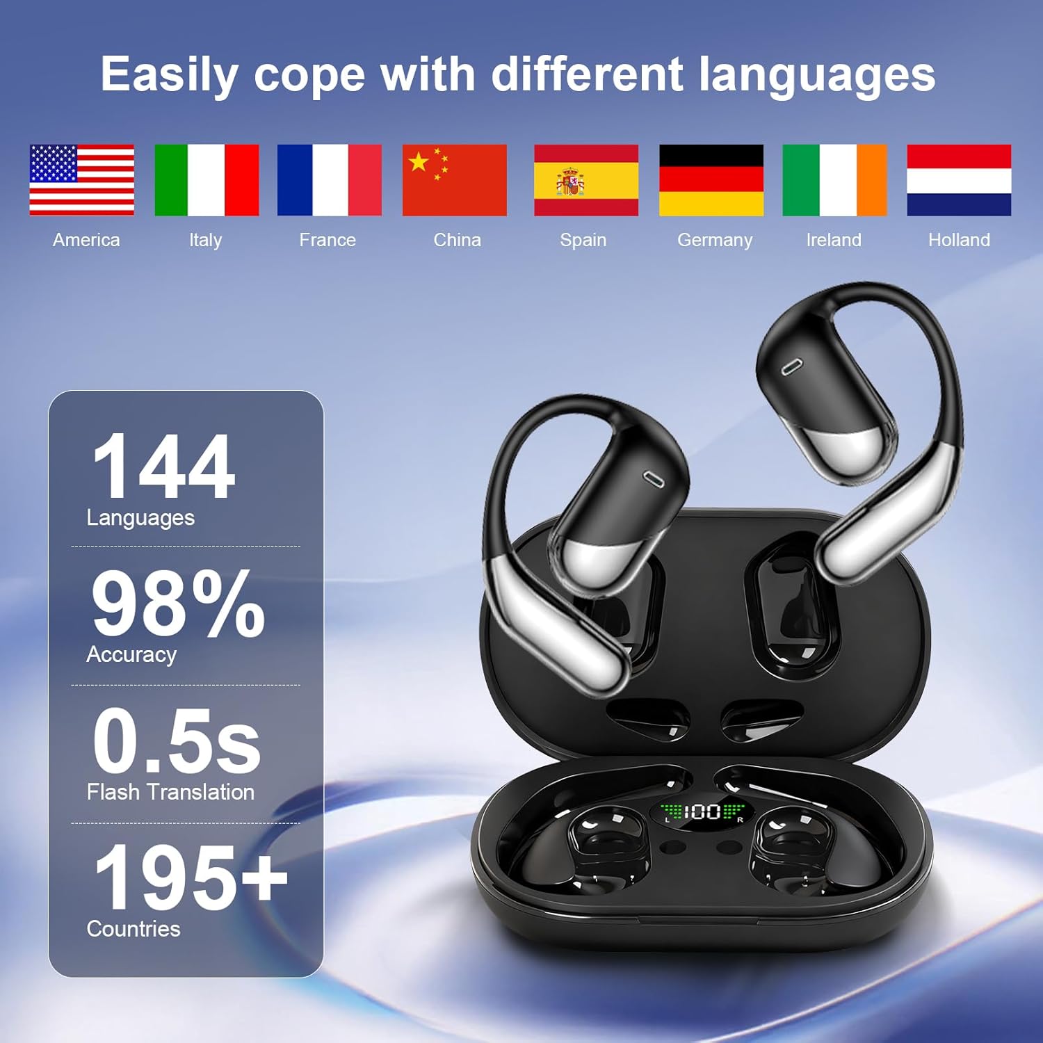 Thumbnail 1 de Open Ear Wireless Headphones with Charging Case: 3-in-1 Translator Earbuds for Real-Time AI Translation