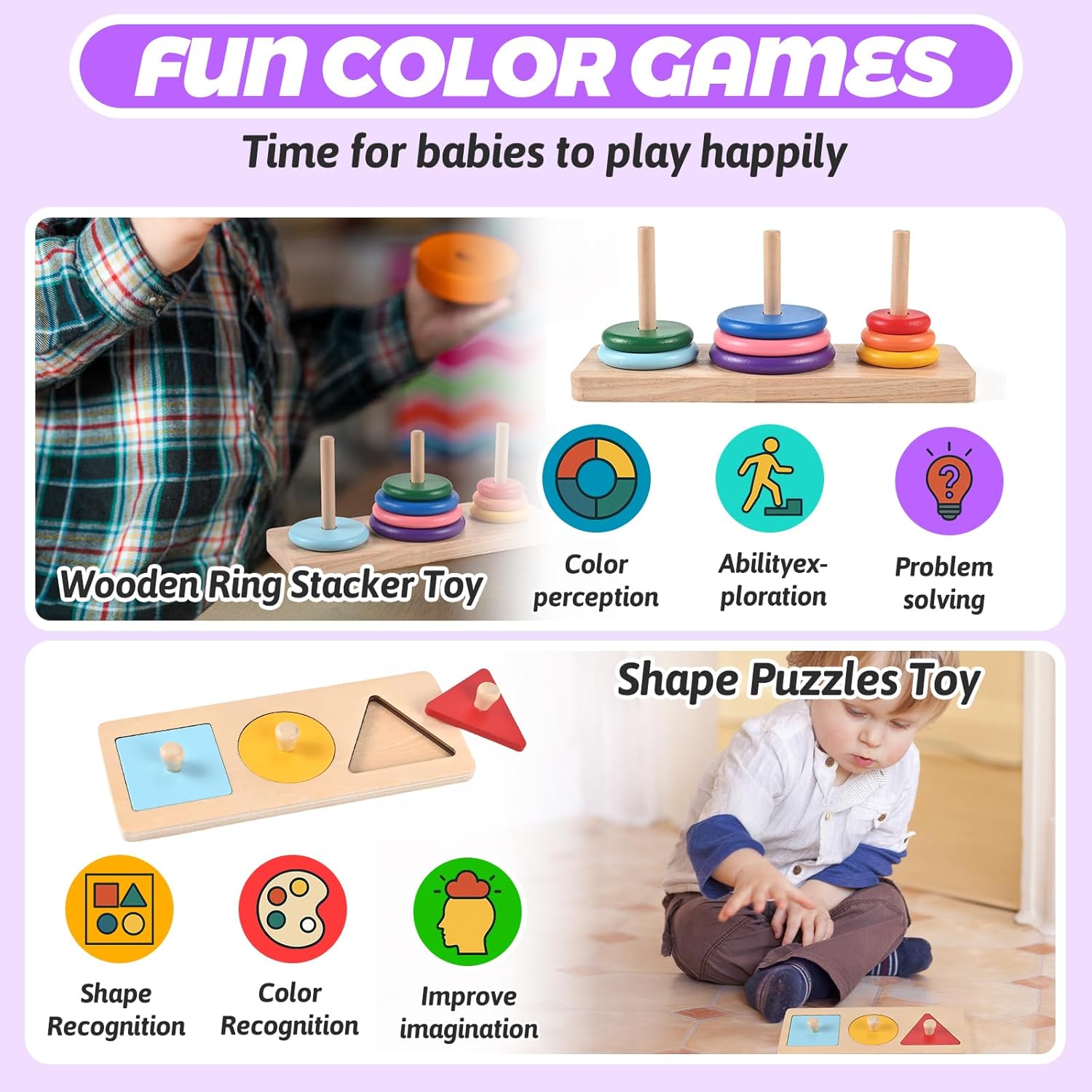 Thumbnail 4 de Wooderma 6-in-1 Montessori Toddler Sensory Toys: Wooden Stacking, Sorting & Plugging for 1+ Year Olds
