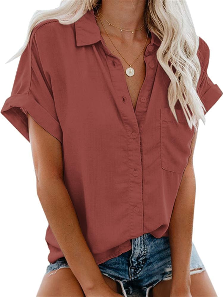 Thumbnail 5 de Friptspyg Damen Bluse – Lässige Kurzarm Hemdbluse mit V-Ausschnitt aus 100% Baumwolle