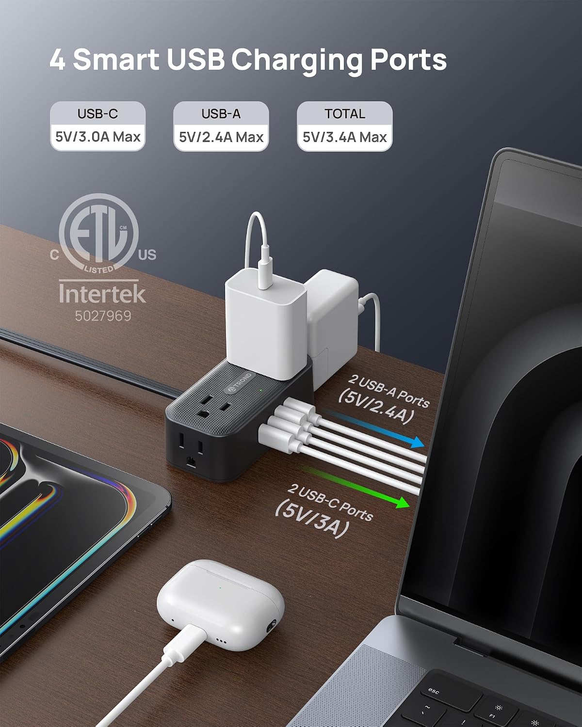 Detalle 2 de TROND TD-PS-US15SX Power Bar with 360° Rotating Plug, 4 Outlets & USB Ports