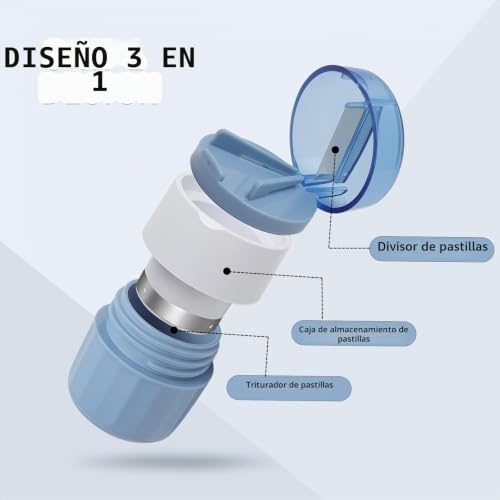 Detalle 2 de KQDRAVINE Triturador de Pastillas 3-en-1 (Azul) – Cortar, Triturar y Almacenar en un solo dispositivo