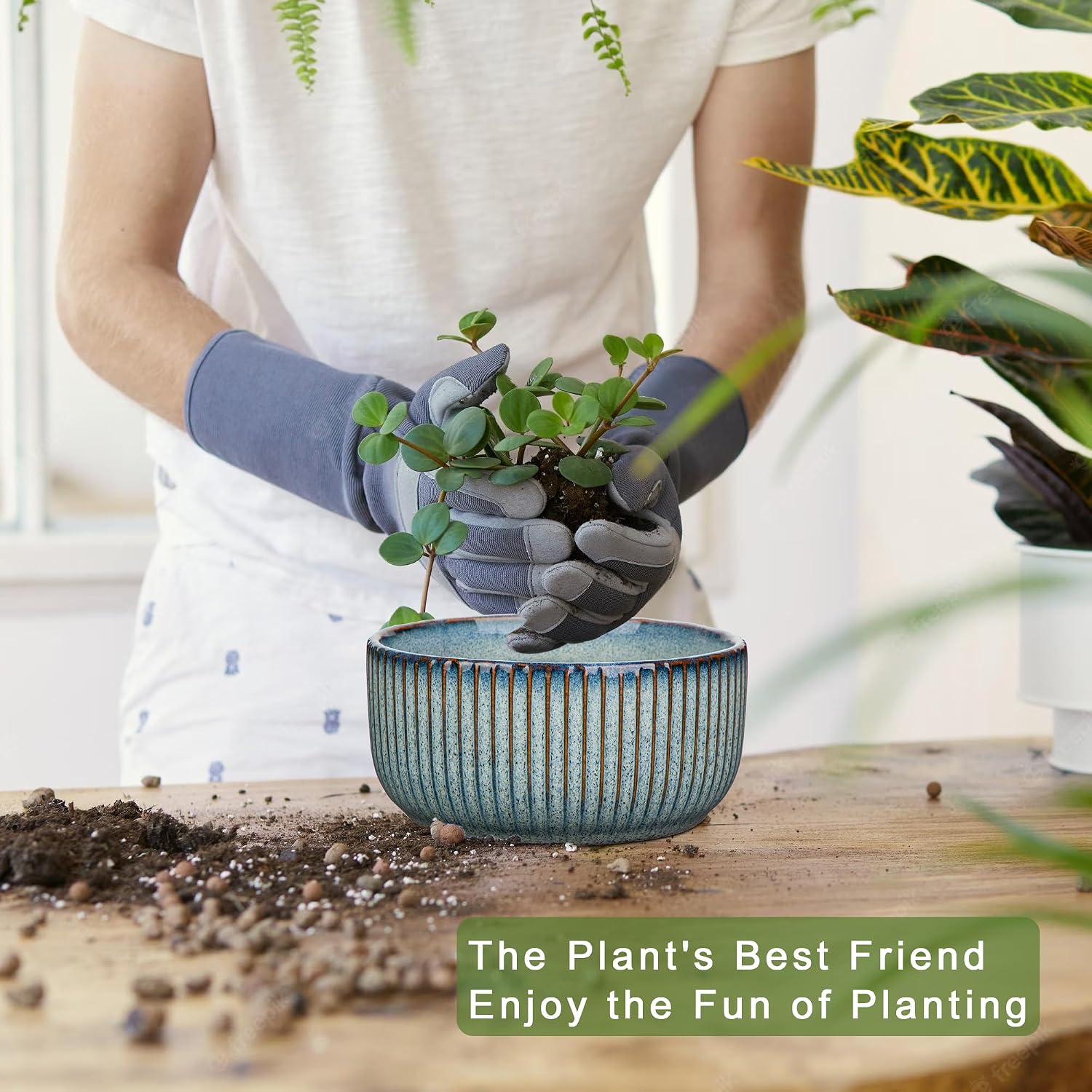 Detalle de Oairse 6-Inch Ceramic Plant Pot with Drainage Hole — Grey Blue for Indoor/Outdoor Use