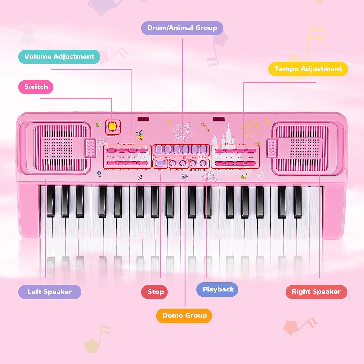 Thumbnail 1 de Kids Piano Keyboard, 37 Keys: Portable Pink Electronic Keyboard for 3–9 Year Olds