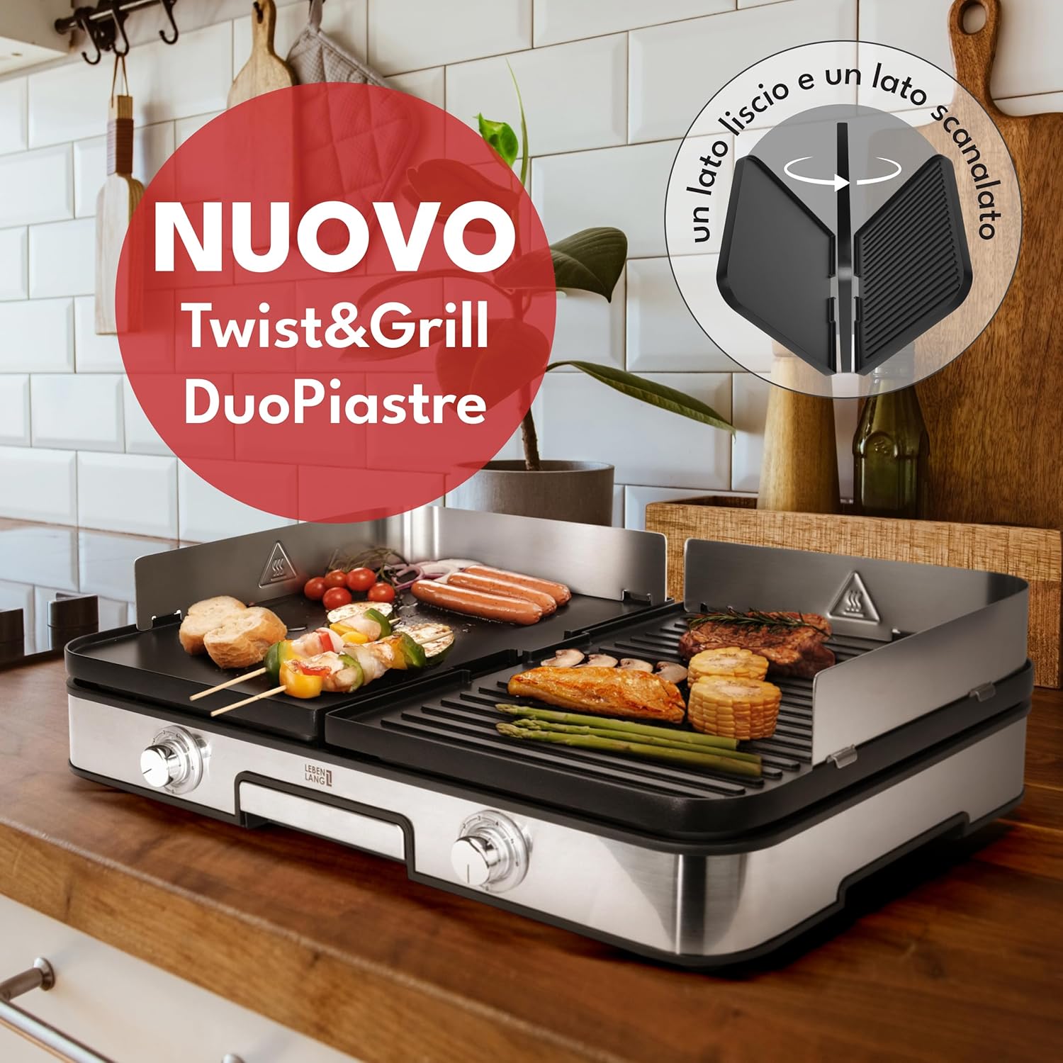 Detalle de LEBENLANG griglia elettrica XXL 2400W con pinze e paraspruzzi (uso interno ed esterno)