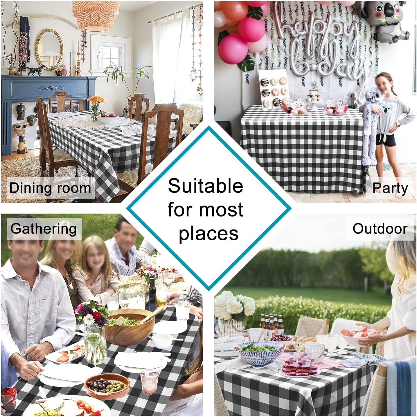 Thumbnail 1 de Hiasan 60 x 120 Inch Black & White Gingham Checkered Rectangle Tablecloth (Stain Resistant, Spillproof, Washable)