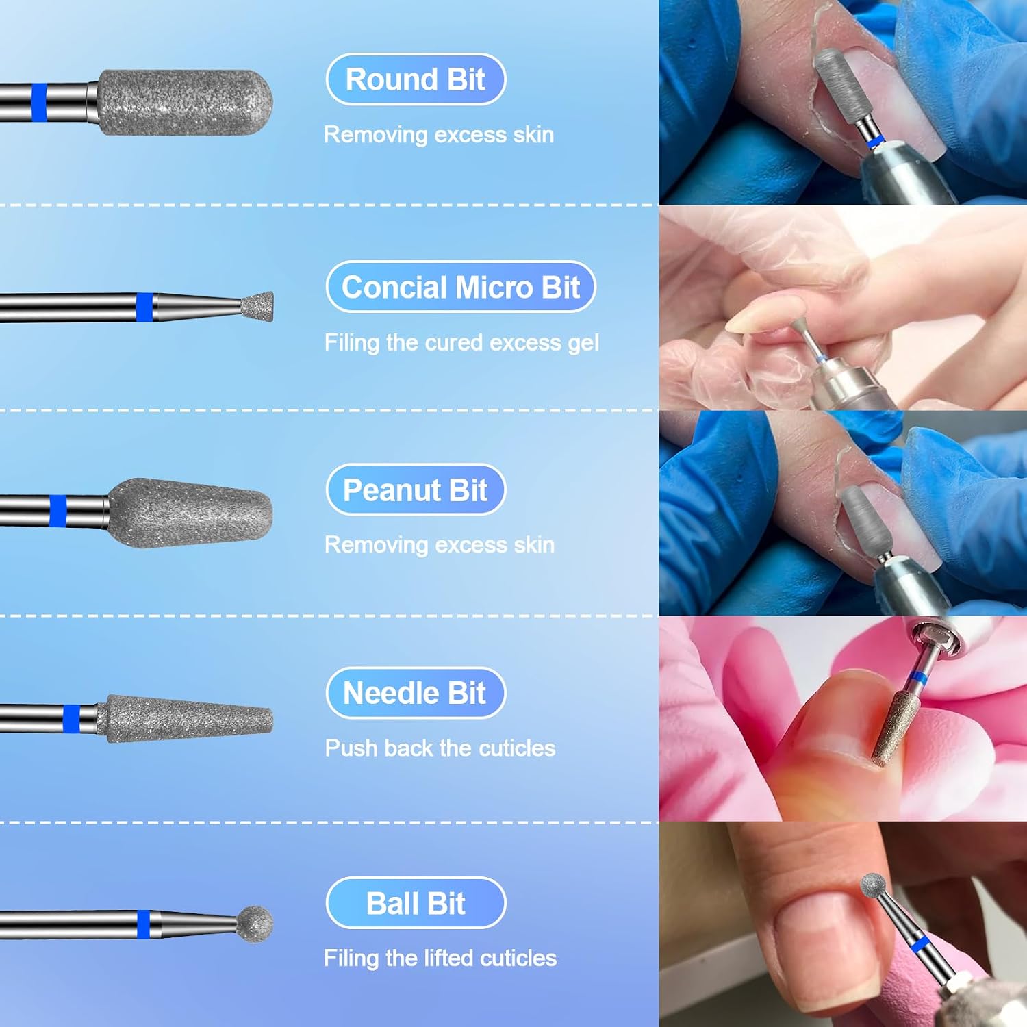 Detalle 2 de CGBE 10 Punte Fresa Unghie 3/32 Pollici: Set professionale per rimozione gel e cura cuticole