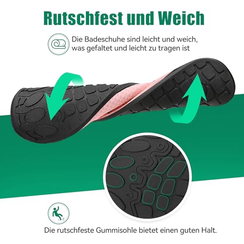 Detalle de RUOMU Badeschuhe Damen – Wasserschuhe Schnell Trocknend, rutschfest, Barfußgefühl, Rosa 38 EU