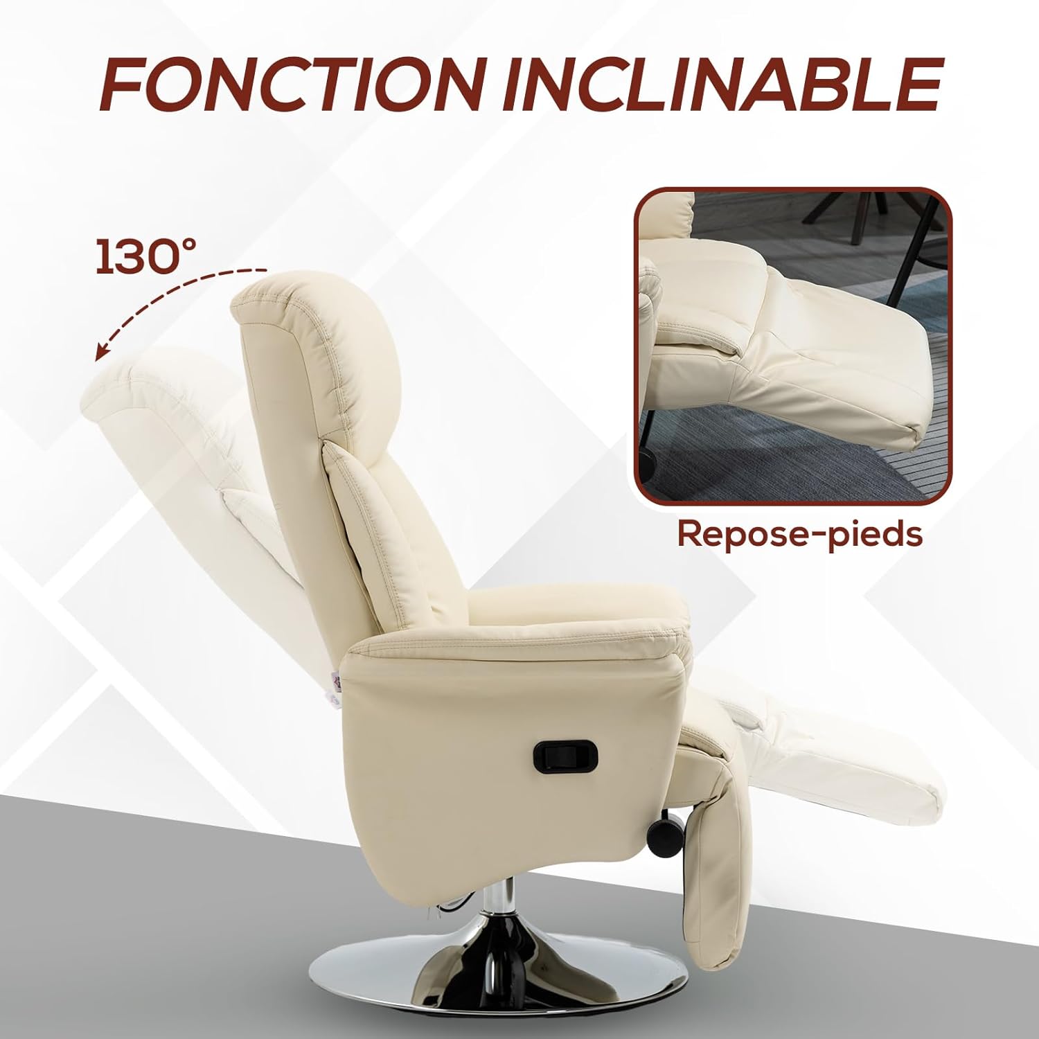 Detalle de HOMCOM Fauteuil de relaxation inclinable pivotant avec repose-pieds – Crème