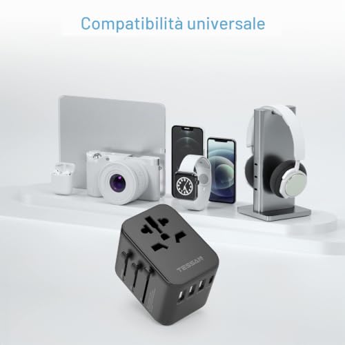 Detalle de TESSAN Adattatore Universale da Viaggio 5 in 1: 1 presa CA, 3 USB A e 1 USB C (Nero)