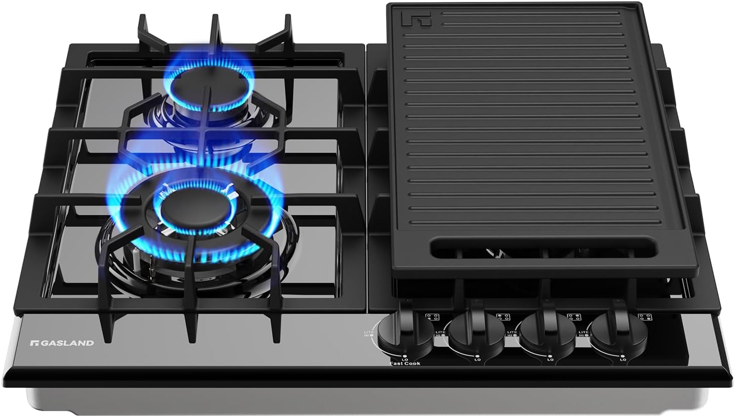 Detalle de GASLAND GH60EF 24-Inch Gas Cooktop with 4 Burners and Reversible Griddle