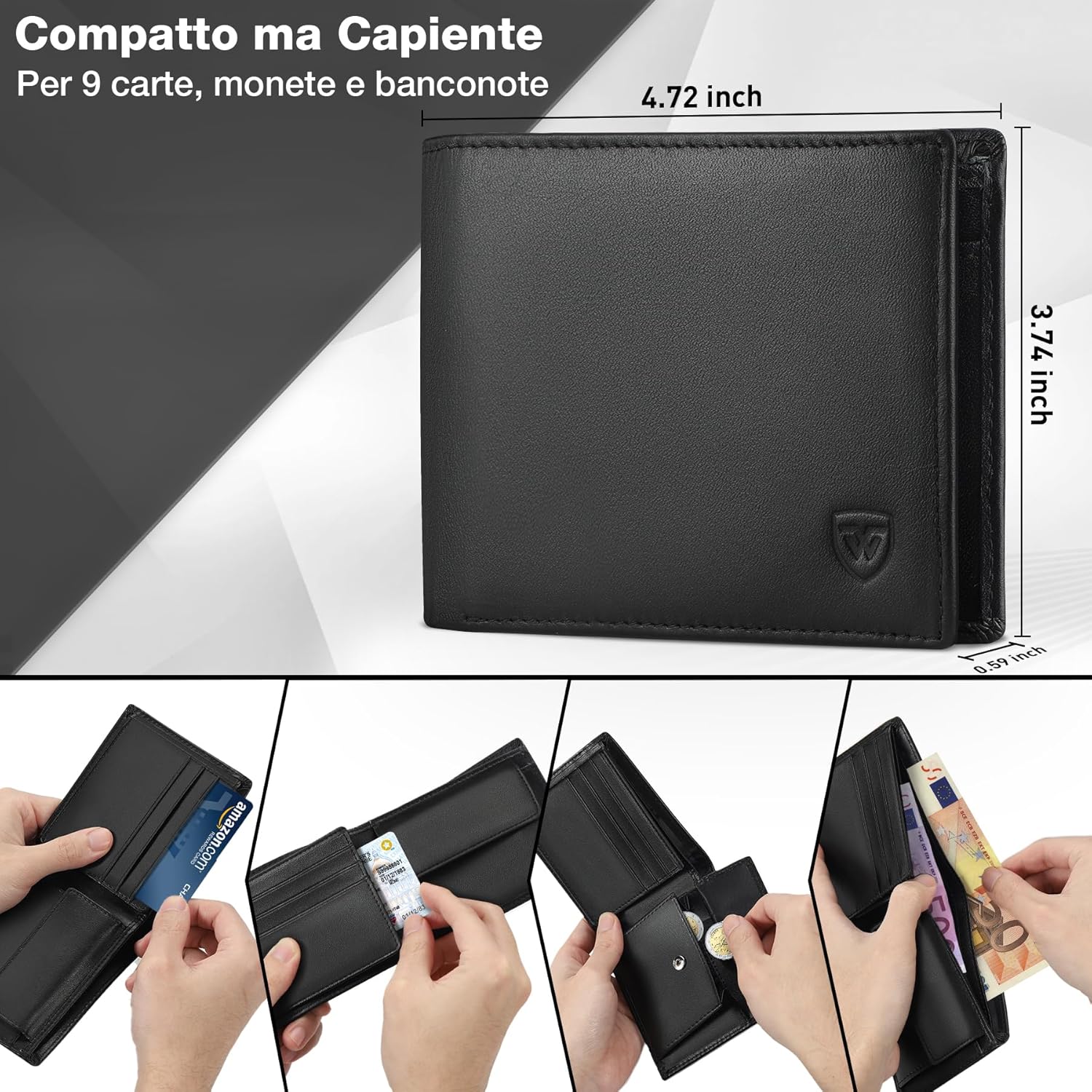 Detalle de WONSEFOO Portafoglio Uomo in Vera Pelle con Blocco RFID, Mini Porterà 9 Carte, Finestra ID e Portamonete