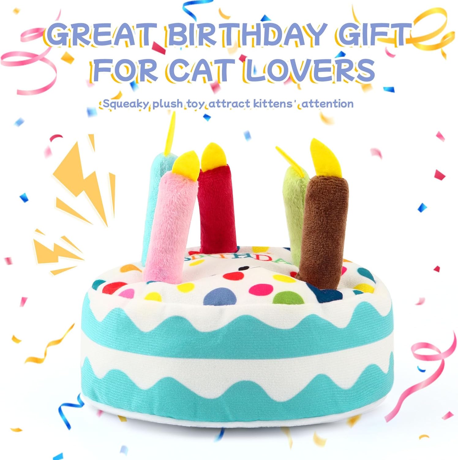 Thumbnail 4 de Katzen Geburtstag Outfit Set für Haustierparty: Bandana, Hut mit Zahlen 0–9, Plüsch-Torte & hängendes Katzenspielzeug (Blau)