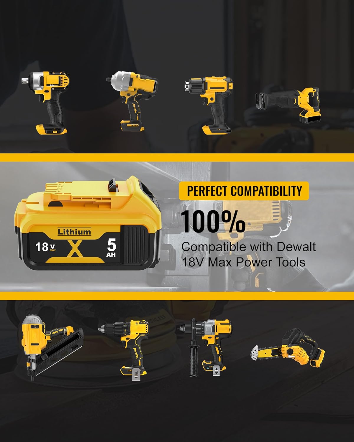 Thumbnail 5 de 2 x 18V 5.0Ah Replacement Batteries for Dewalt 18V XR: DCB182/DCB184/DCB200 Compatible