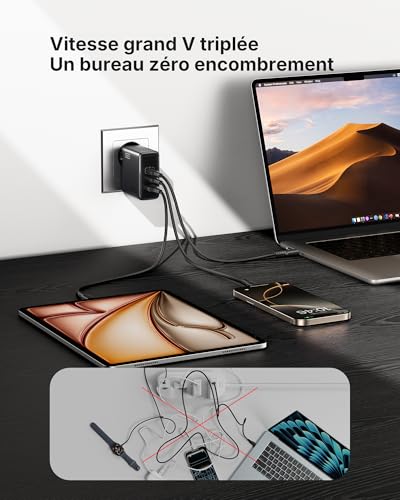 Detalle de INIU 100W Chargeur USB-C à 3 ports avec câble inclus – rapide, compact et sûr