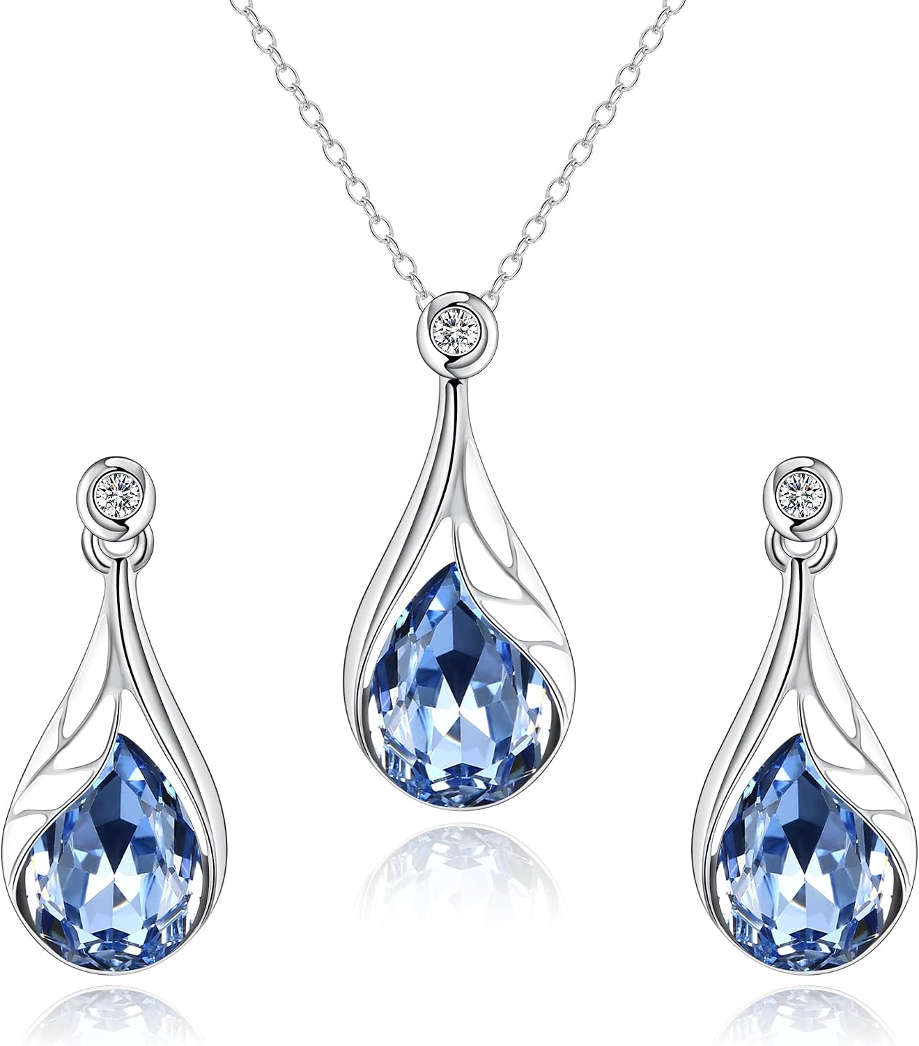 Detalle de Parure bijoux de mariage Clearine : collier goutte d’eau, boucles d’oreilles feuille, émail, cristal autrichien et strass