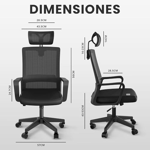 Detalle de JUPPLIES silla de escritorio ergonómica ajustable y reclinable con soporte lumbar, reposacabezas y malla transpirable (hasta 120 kg, negro)