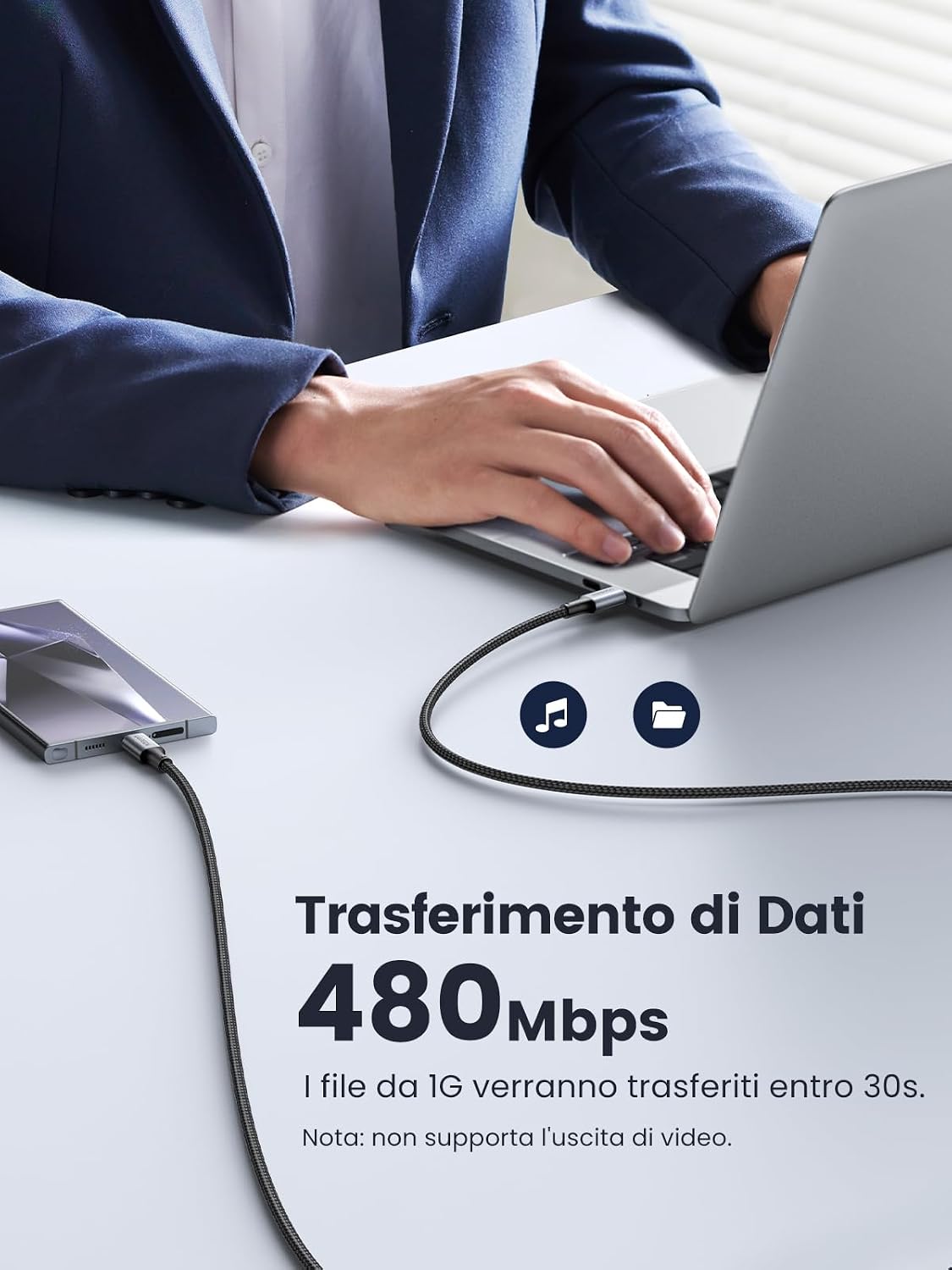 Detalle de UGREEN 100W Cavo USB-C 2 m in nylon con ricarica rapida PD (PD3.0, PPS fino a 45W) e trasmissione fino a 480 Mbps
