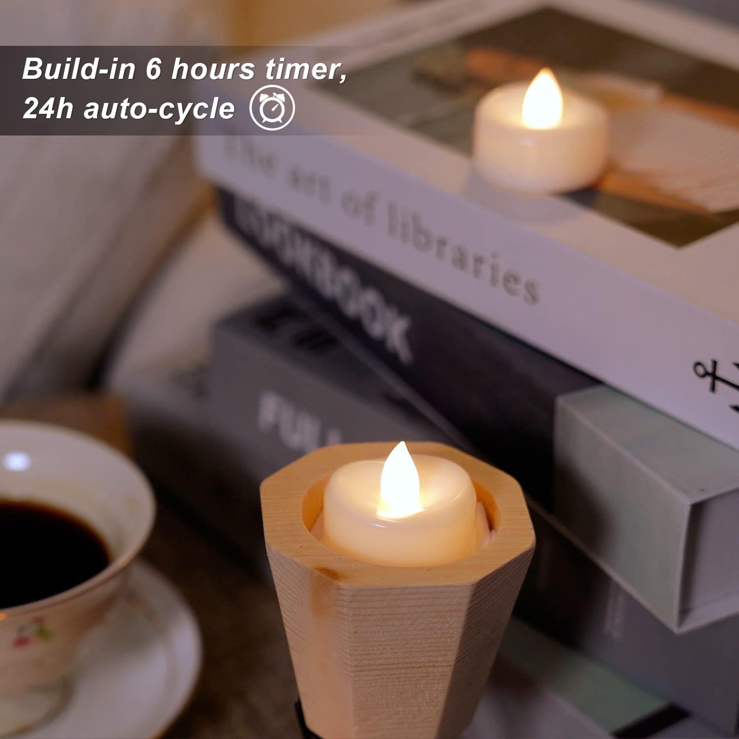 Detalle de AMAGIC 12 Stück Flackernden Kerzen mit Timer – LED-Teelichter mit 6-Stunden-Timer, warmweiß