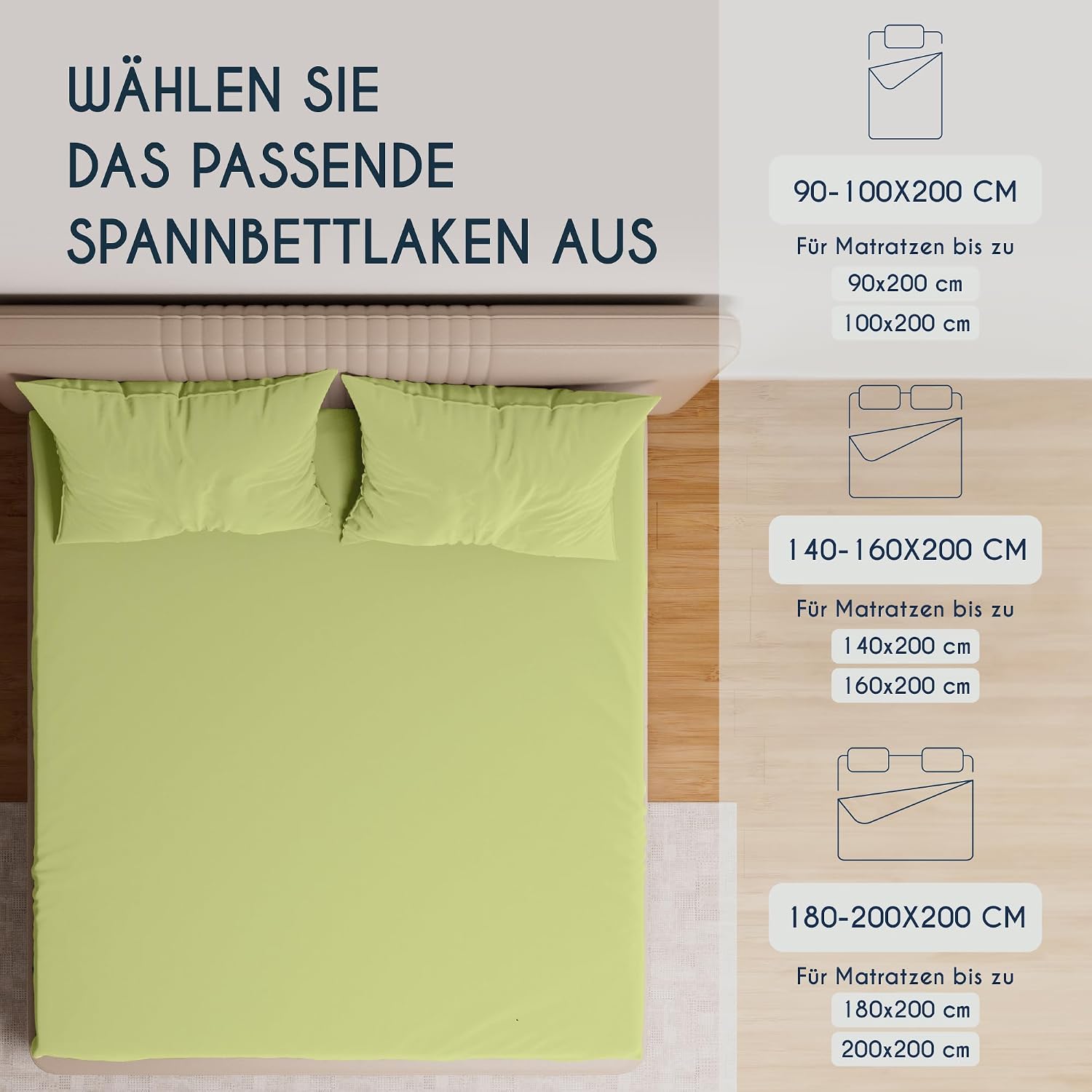 Detalle de Dreamzie Premium Spannbettlaken aus Jersey (60° waschbar) in Grün – passend bis 37 cm Seitenhöhe (180×200 bis 200×220)