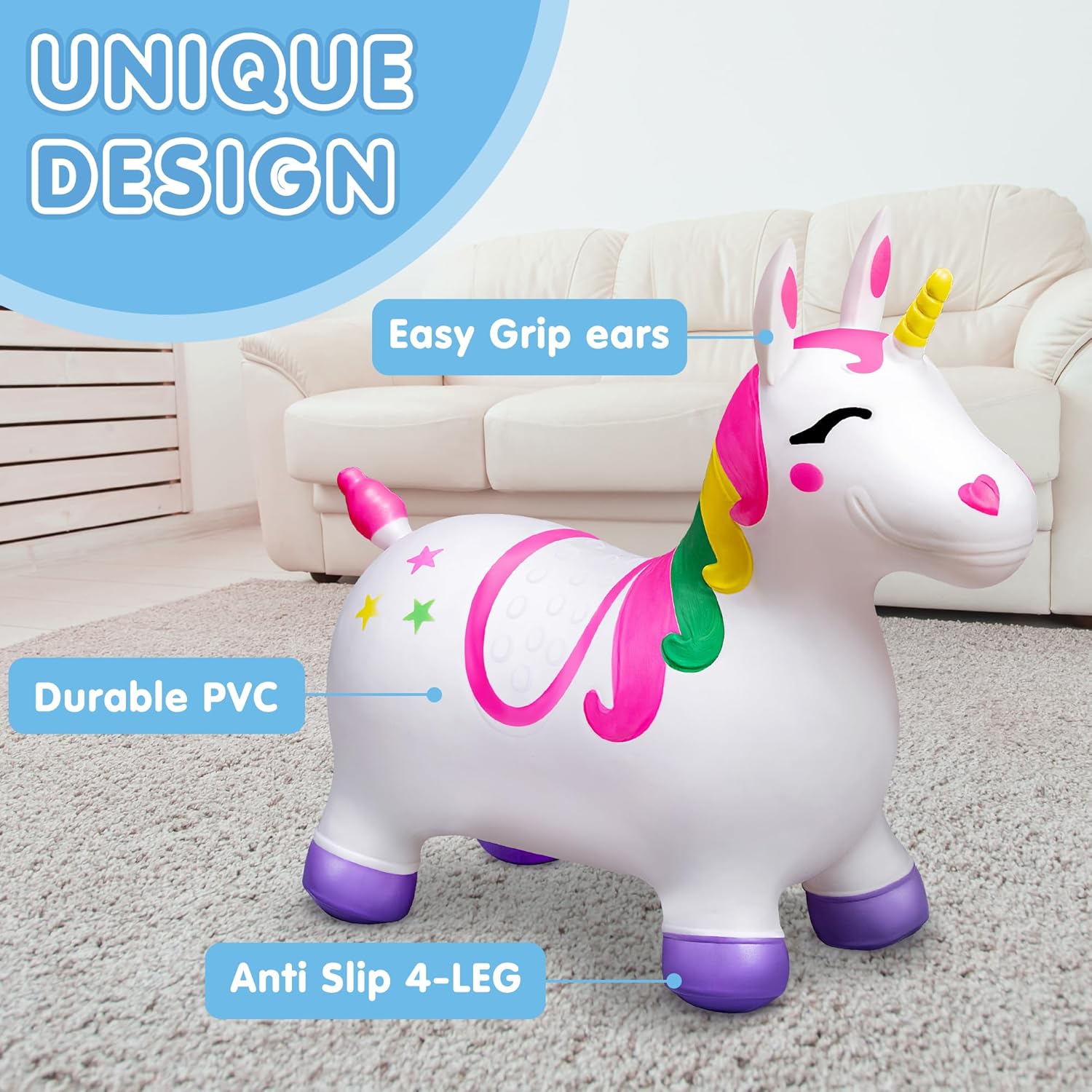 Detalle 2 de JOYIN Kids Unicorn Animal Hopper Bouncy Horse (inflatable ride-on) with hand pump