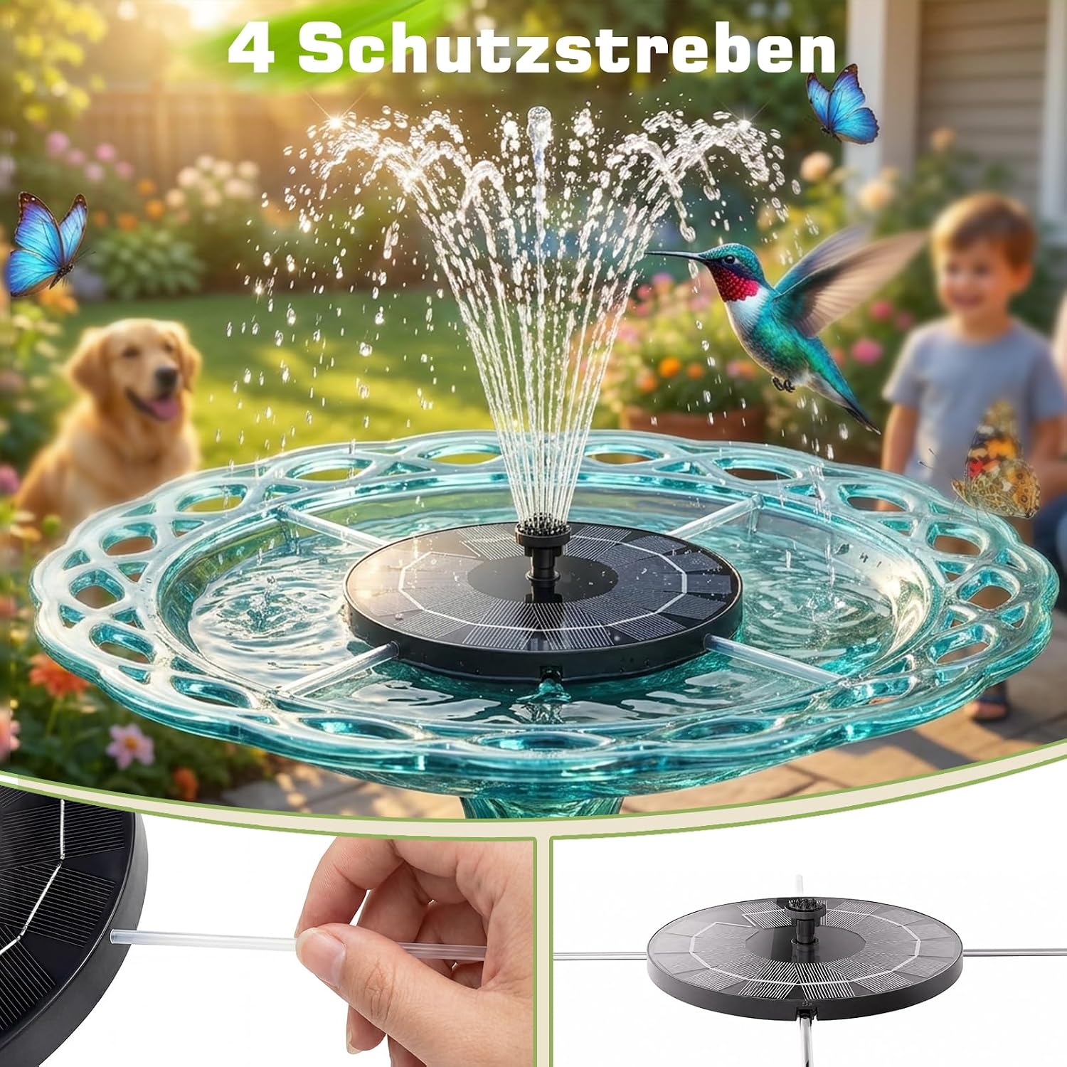 Detalle de AISITIN Solar Springbrunnen für Außen – 2,5 W Solar Teichpumpe mit 6 Fontänenstilen und 4 Stützstangen