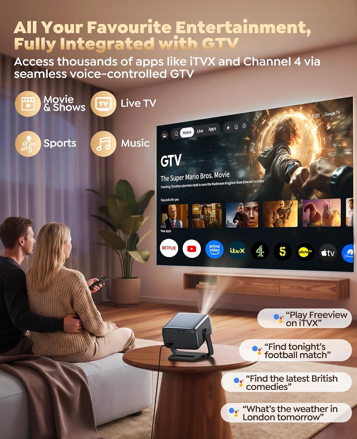 Detalle 2 de Smart Projector with Google TV: 1200 ANSI, 1080p native, 4K decode, 360° Stand