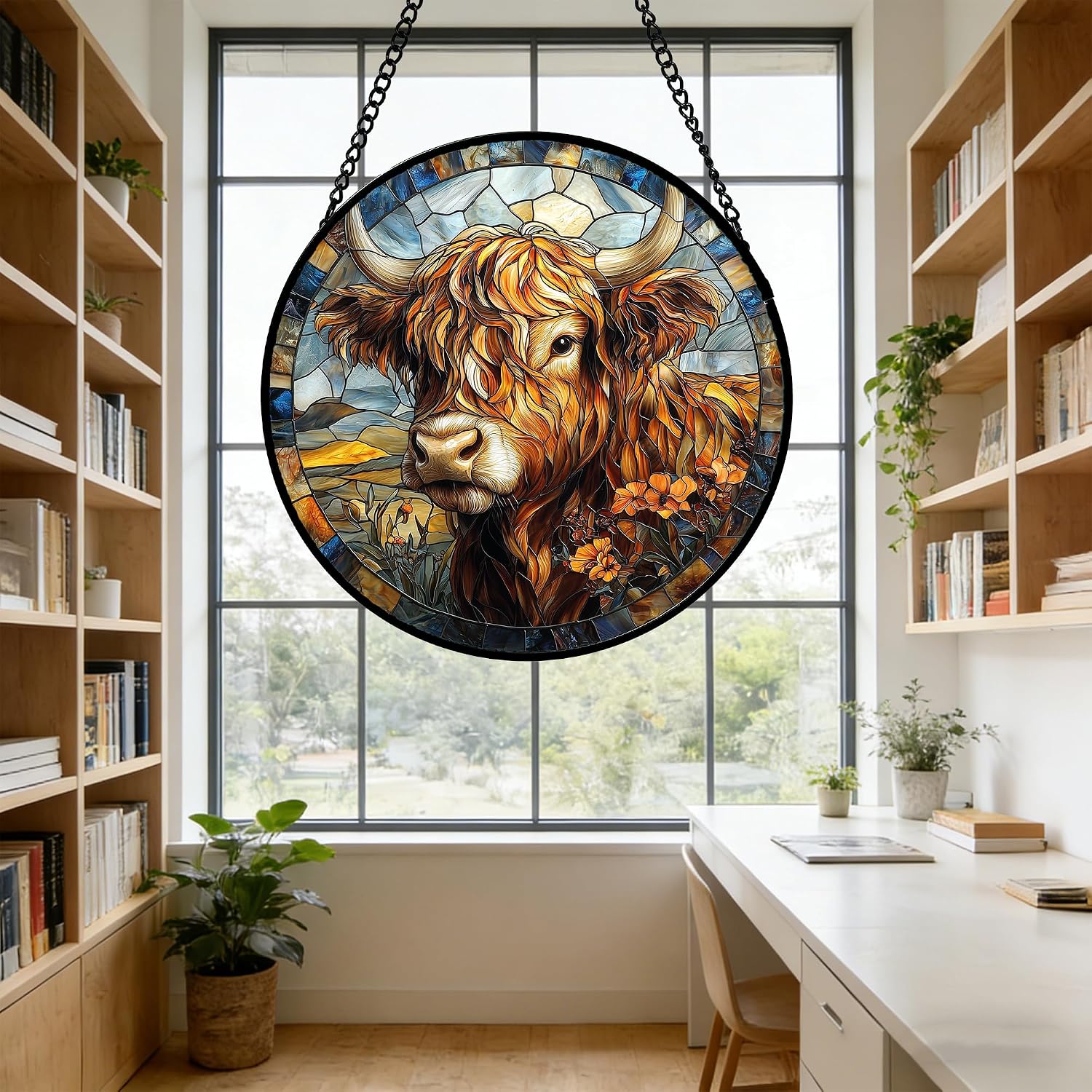 Detalle 2 de DASTOLL Scottish Highland Cow Stained Glass Suncatcher, 9.8-Inch Hanging