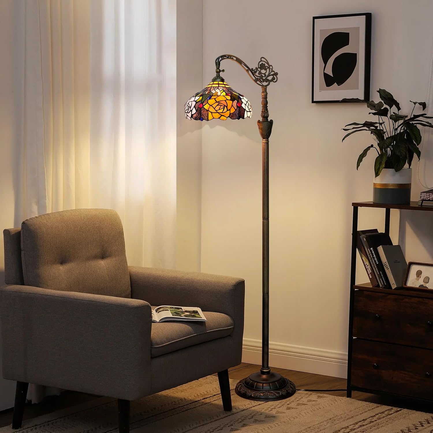 Thumbnail 2 de Blivuself Tiffany style rose floor lamp with stained glass effect, adjustable angle
