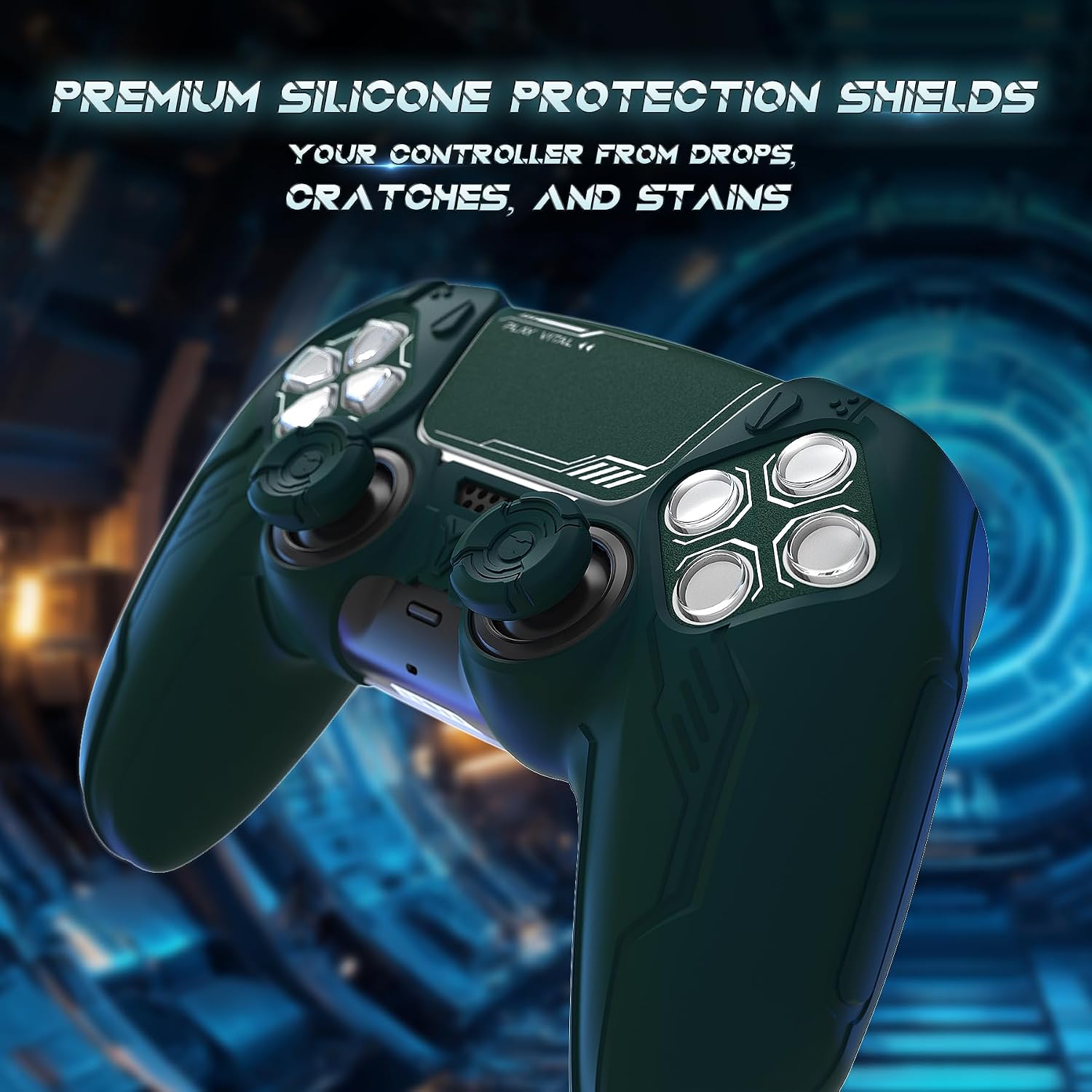 Detalle de PlayVital Mecha Edition Silicone Cover for PS5 Controller (Green) – Anti-Slip, Shockproof, with Joystick Caps & Stickers