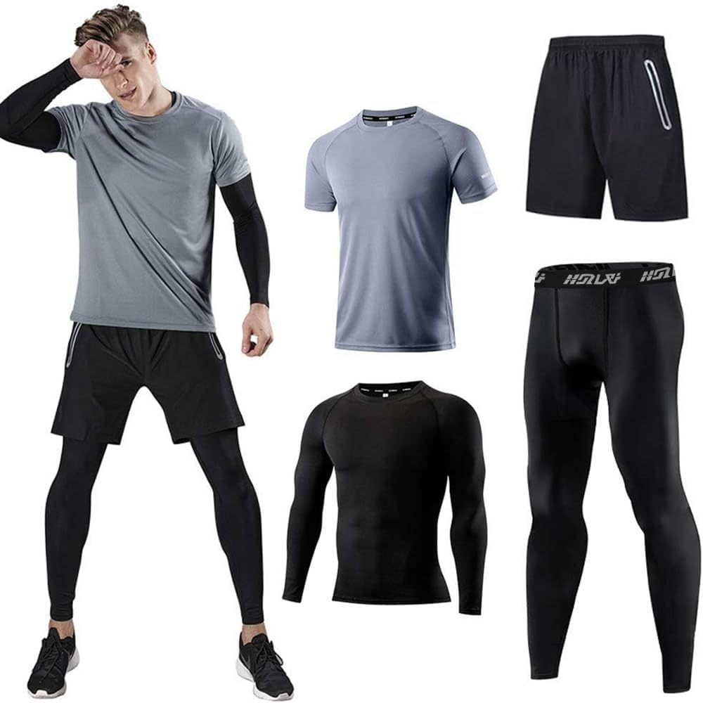 Detalle de Herren Sport-Laufset im 4er- oder 5er-Pack: athletisches Shirt & Shorts/Kompressionsshirt mit Hose