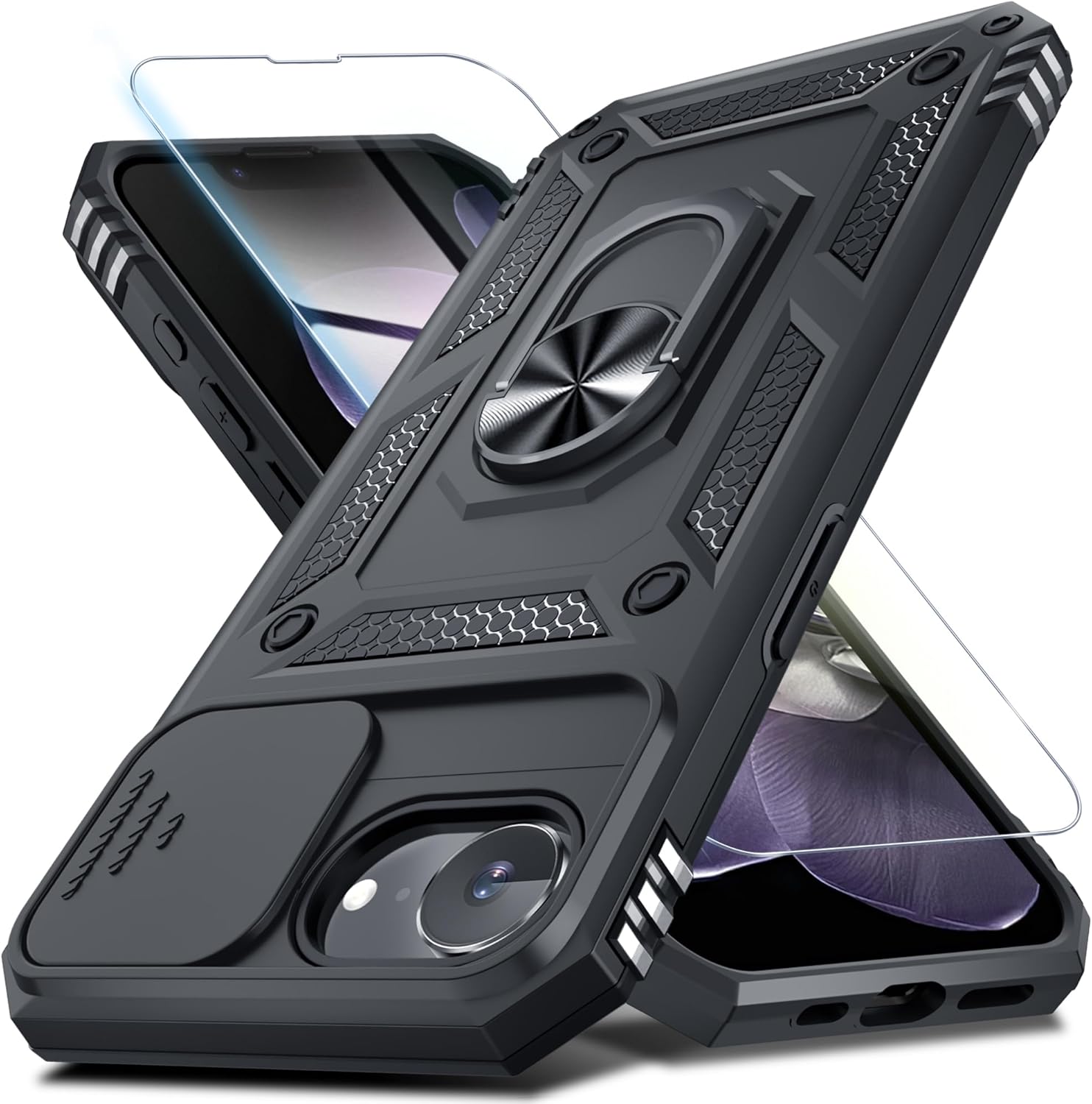 Detalle de Janmitta iPhone 17e / 16e Case with Built-in Slide Camera Lens Cover, Tempered Glass Screen Protector, and Kickstand