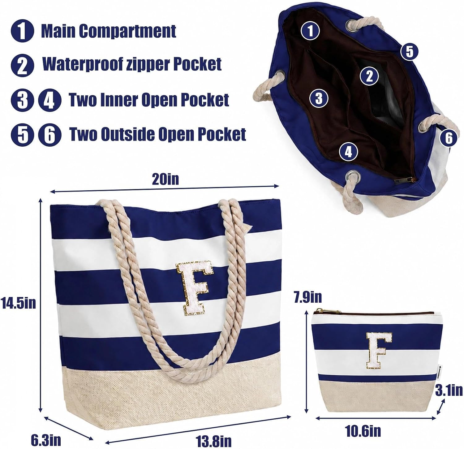 Detalle de Vavabox Initial Beach Bag with Zip and Pockets – Personalised, Water-Resistant & Foldable Large Tote Set