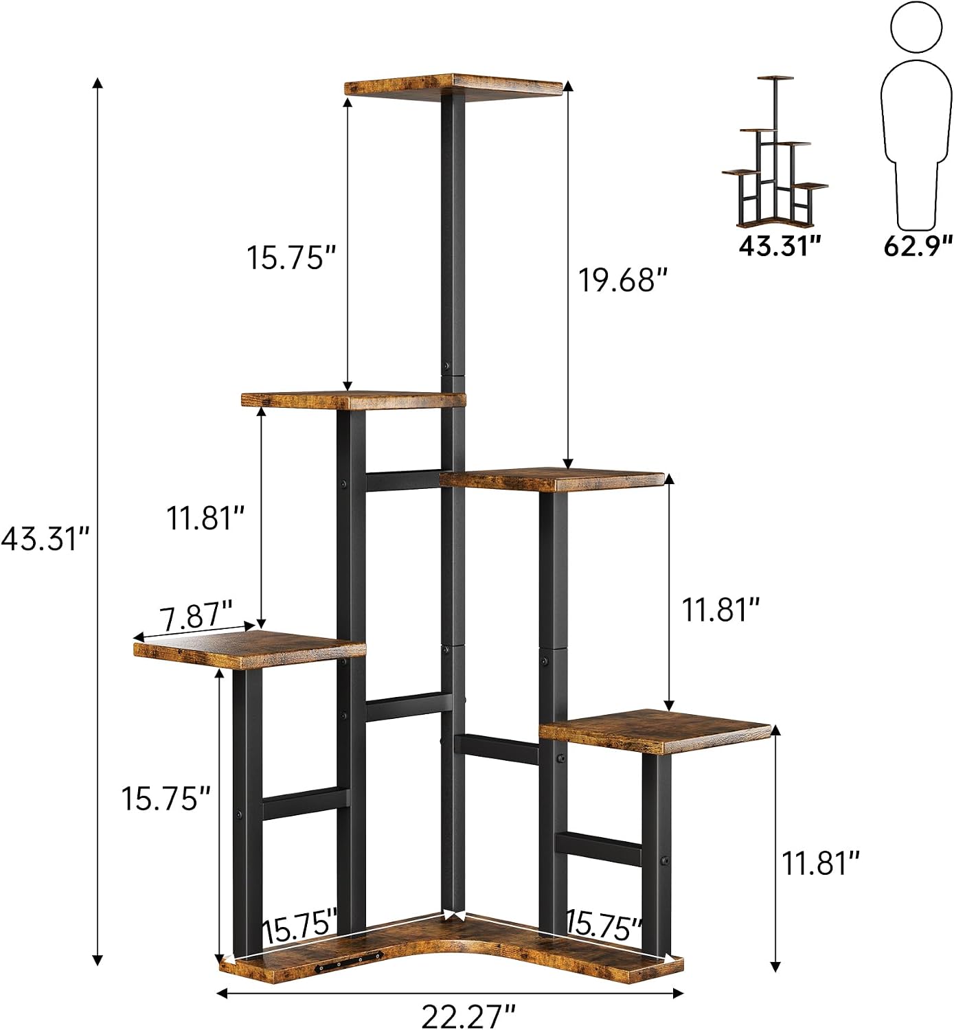 Detalle de Yzosvki PLS0004BR 6-Tier Corner Plant Stand with Rustic Brown Shelves