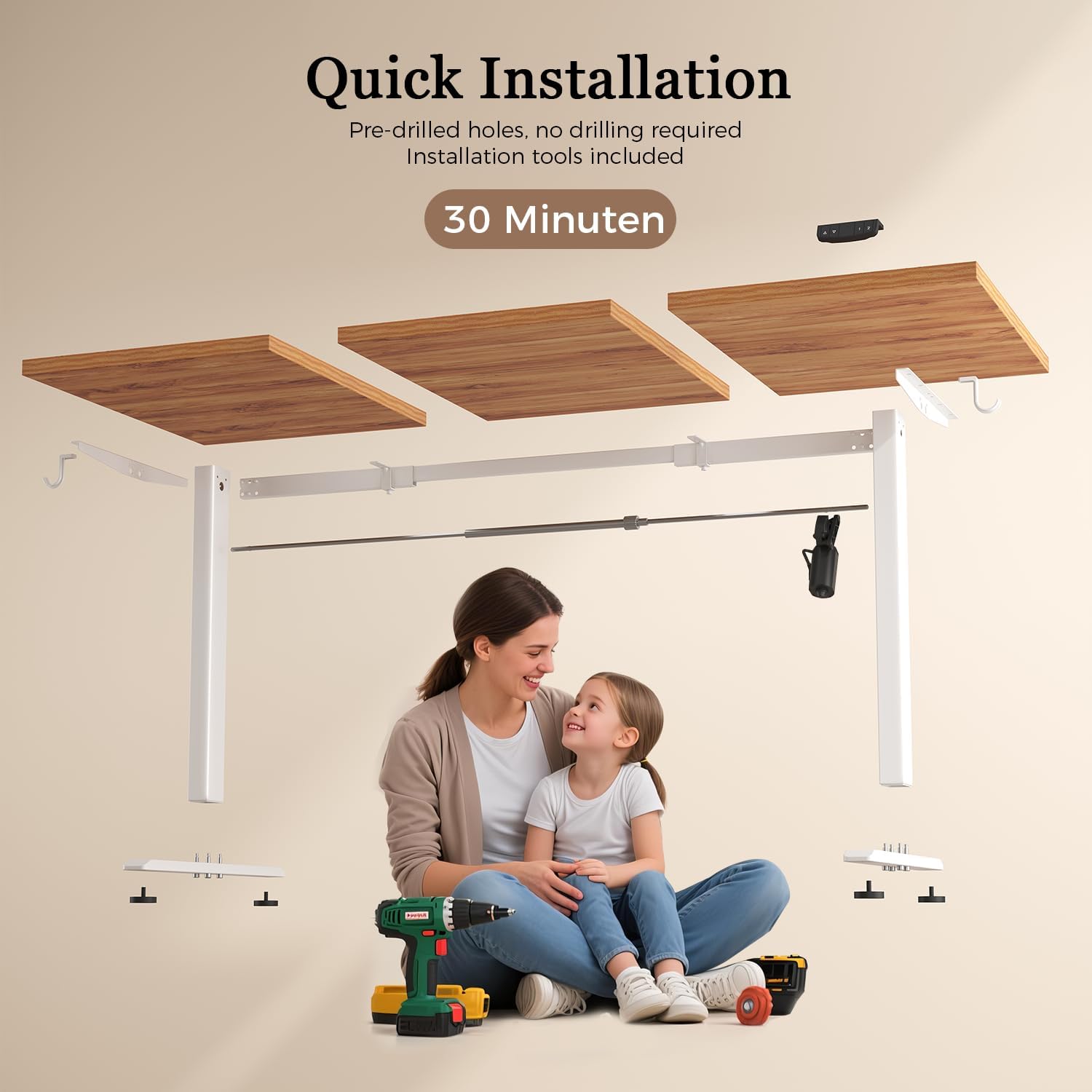 Thumbnail 6 de Klicelor Electric Standing Desk with 2 Memory Buttons – 72–116 cm height, 70 kg capacity (3-panel top), Light Brown