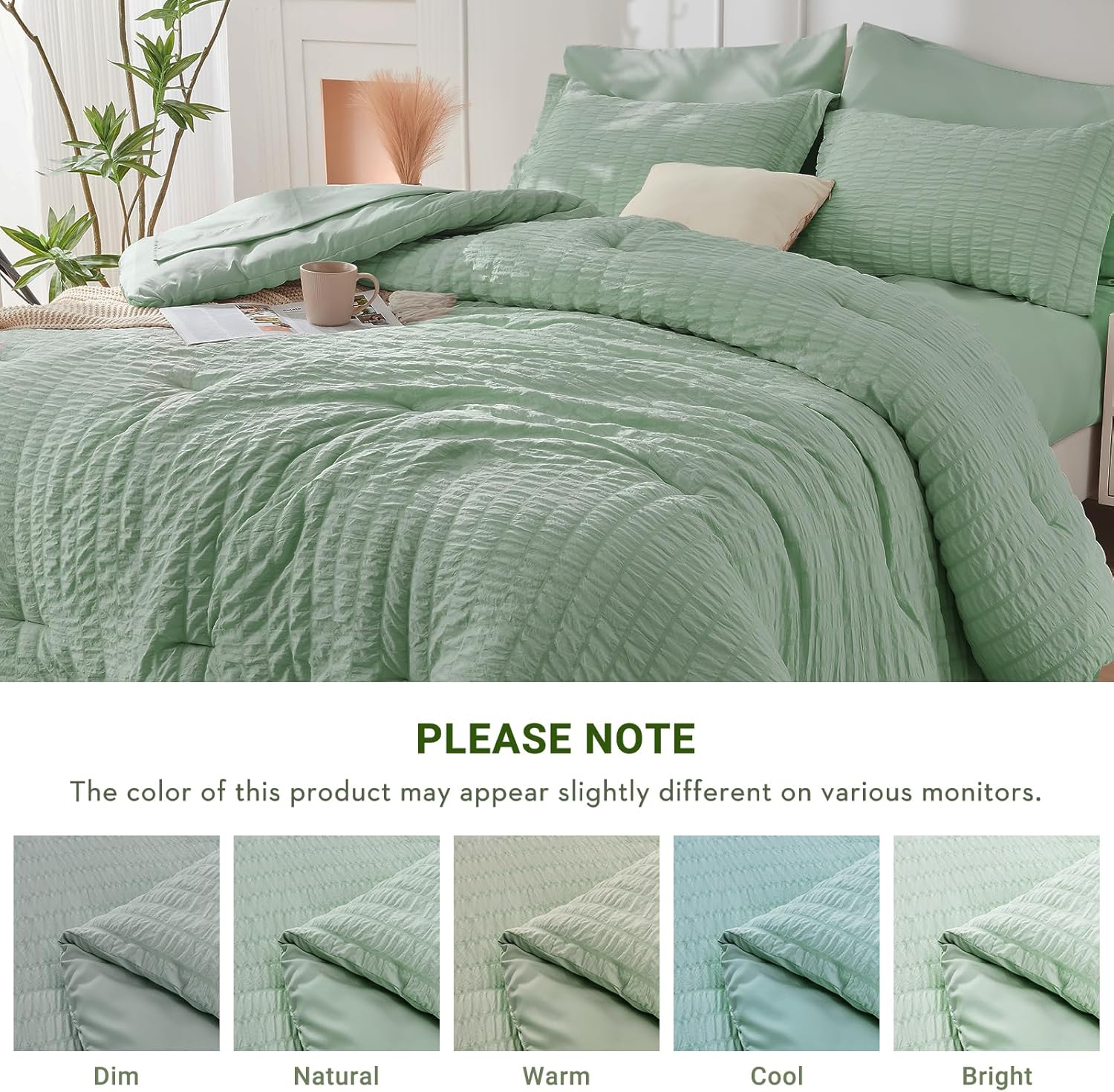Thumbnail 5 de HYMOKEGE Sage Green Twin Seersucker 5-Piece Comforter Set