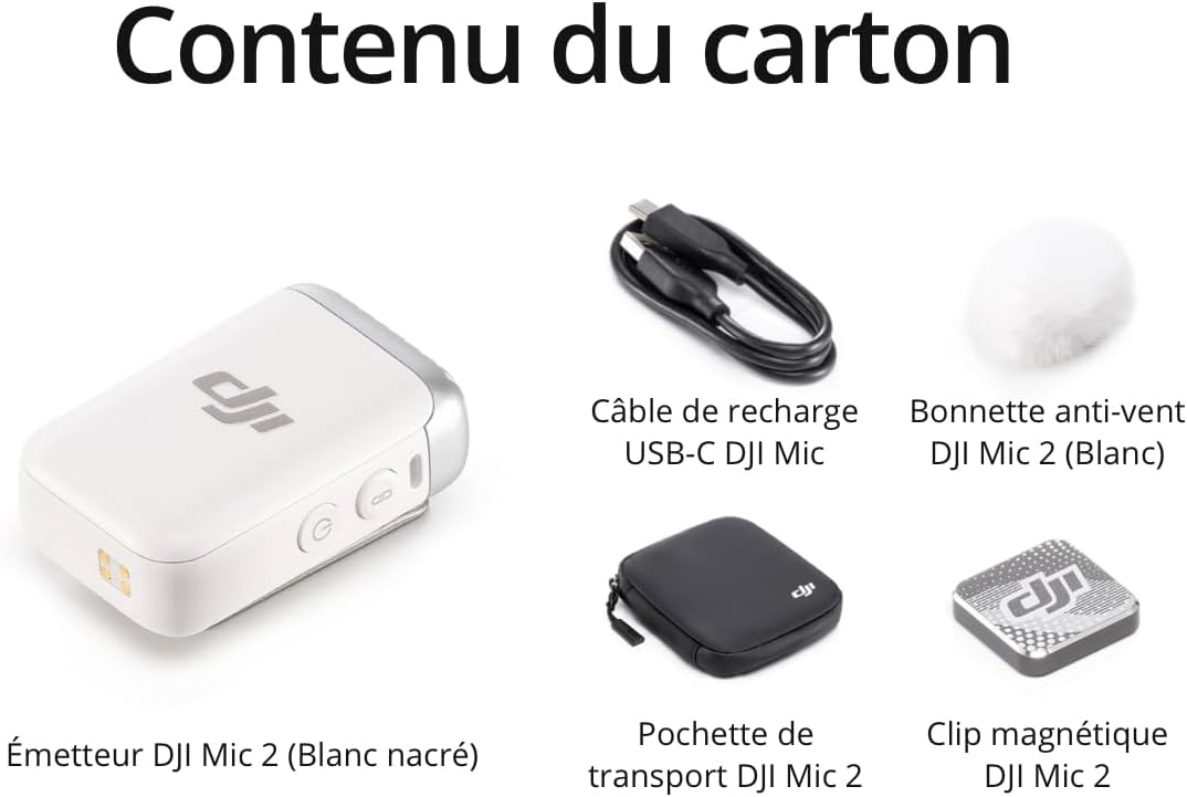 Detalle de Émetteur DJI Mic 2 (Blanc nacré) – Microphone sans fil avec réduction intelligente du bruit et enregistrement interne