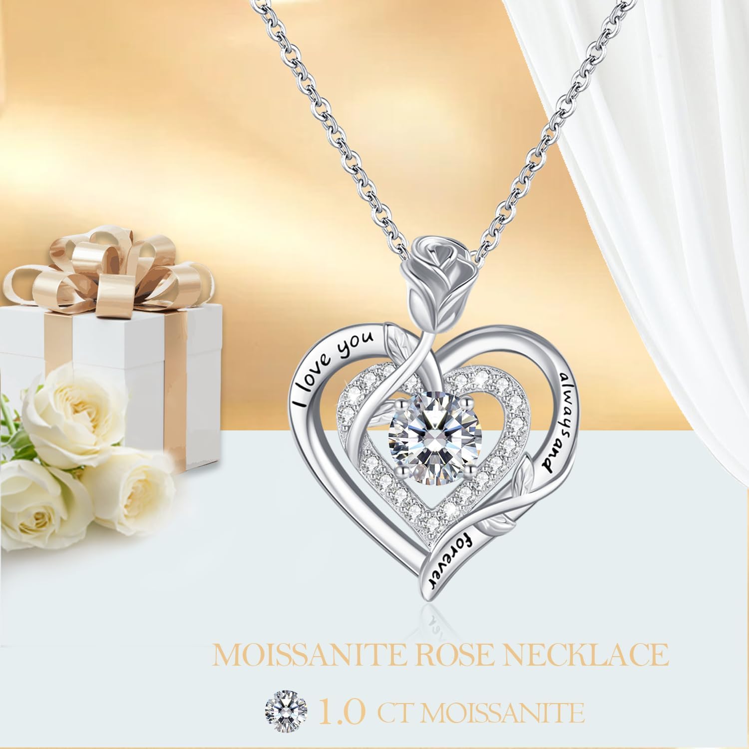 Detalle 2 de LAVUMO Moissanite Halskette Damen aus 925 Sterling Silber mit Doppel-Herz Rosen-Anhänger