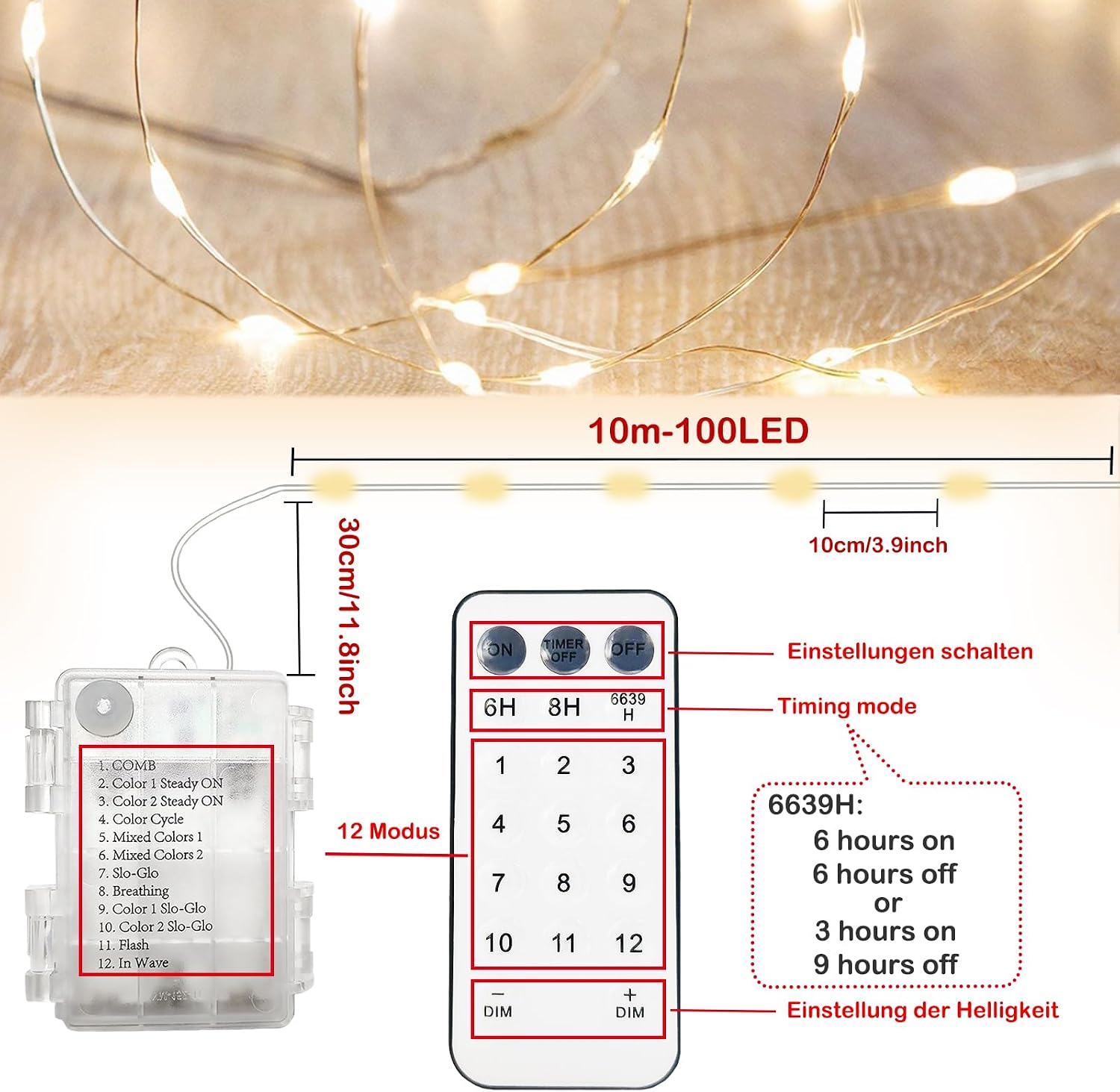 Thumbnail 3 de Meision Lichterkette Batterie (2 Stück) mit Timer, Fernbedienung und 12 Modi – 10 m / 100 LEDs, dimmbar
