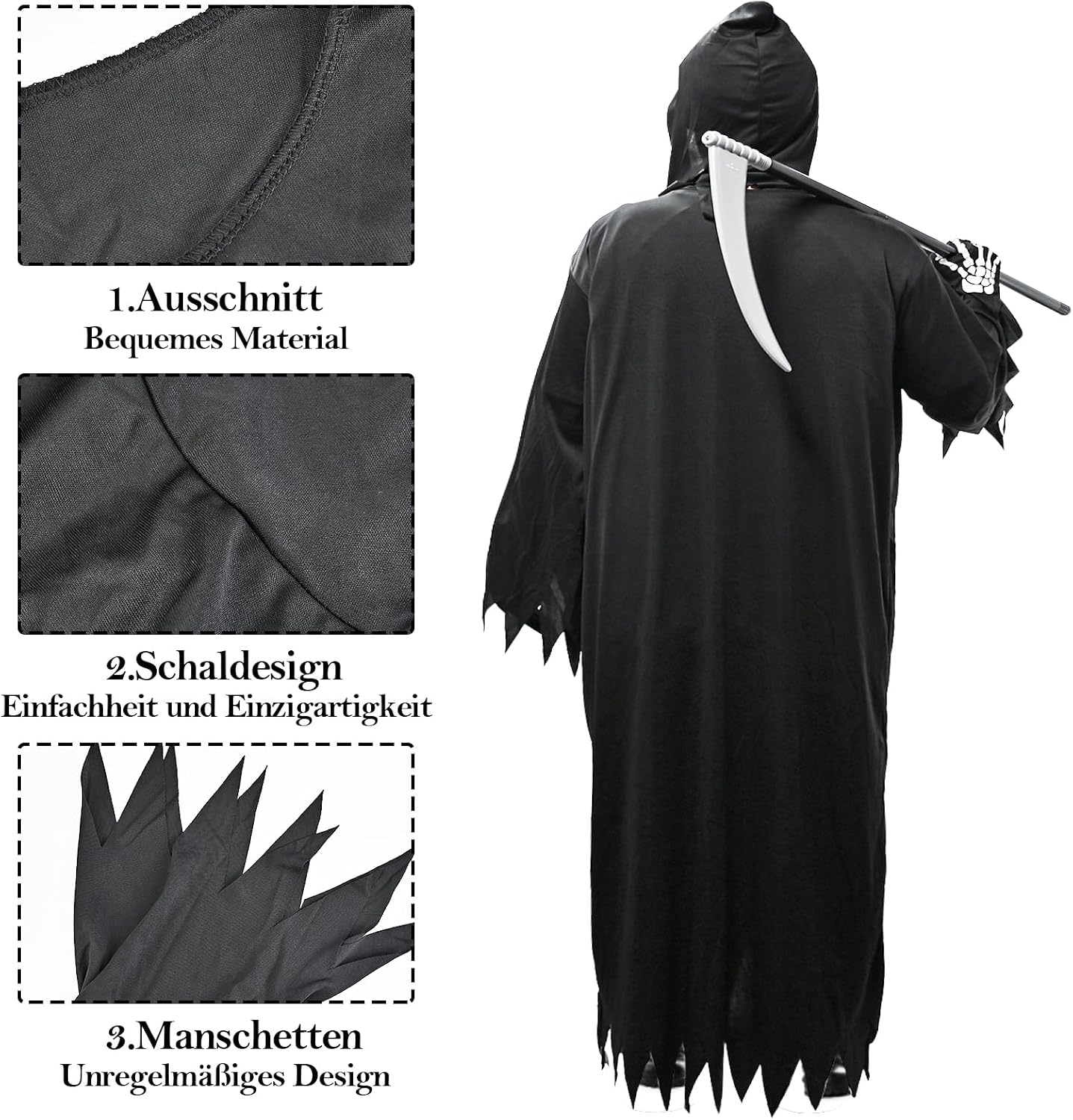 Detalle de Faburo Halloween Kostüm Herren Sensenmann 150 cm