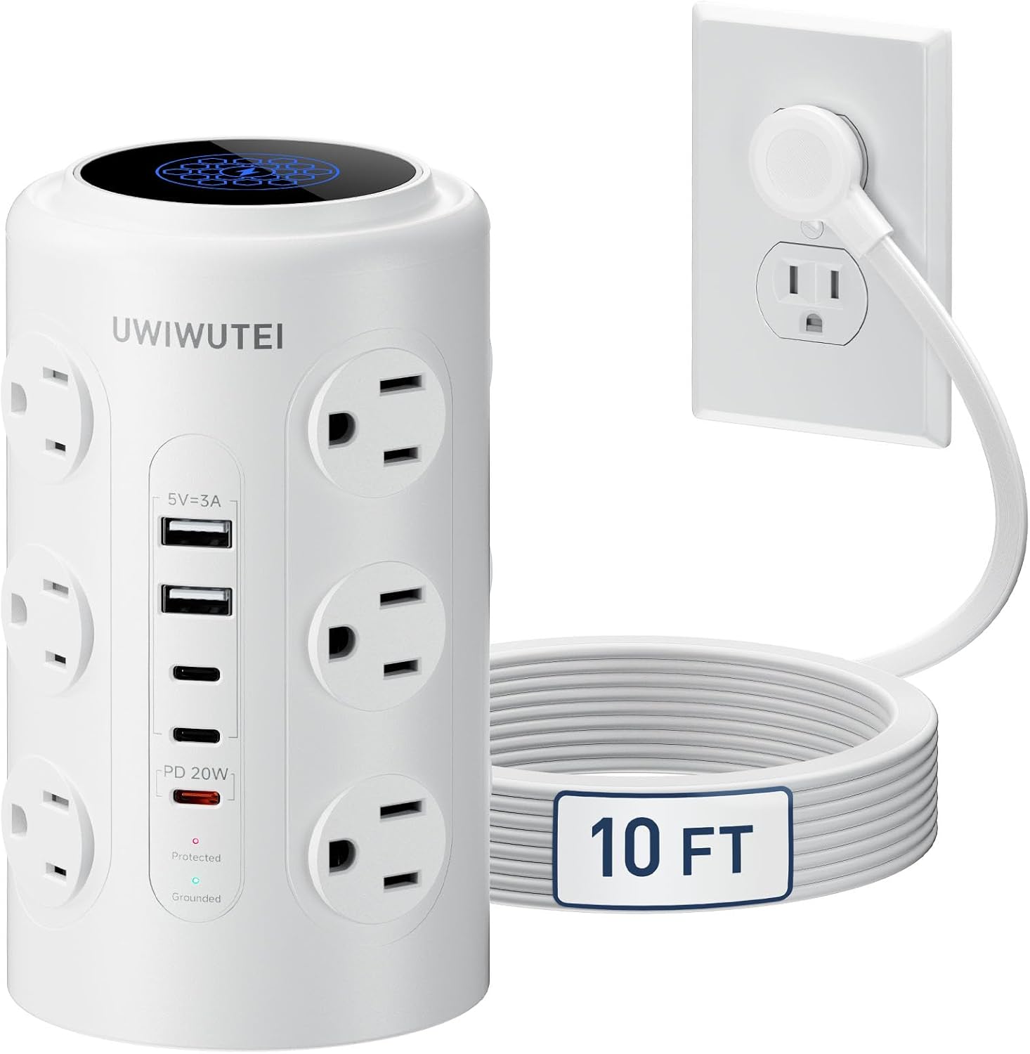 Tower Power Strip with 20W Dedicated USB-C PD Port, 12 AC Outlets and 5 USB Ports (3 USB-C) — Desk Charging Station